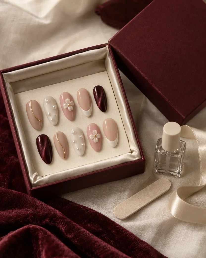 Caja vinotinto abierta con diez uñas press on hechas a mano, pegante, lima y cinta