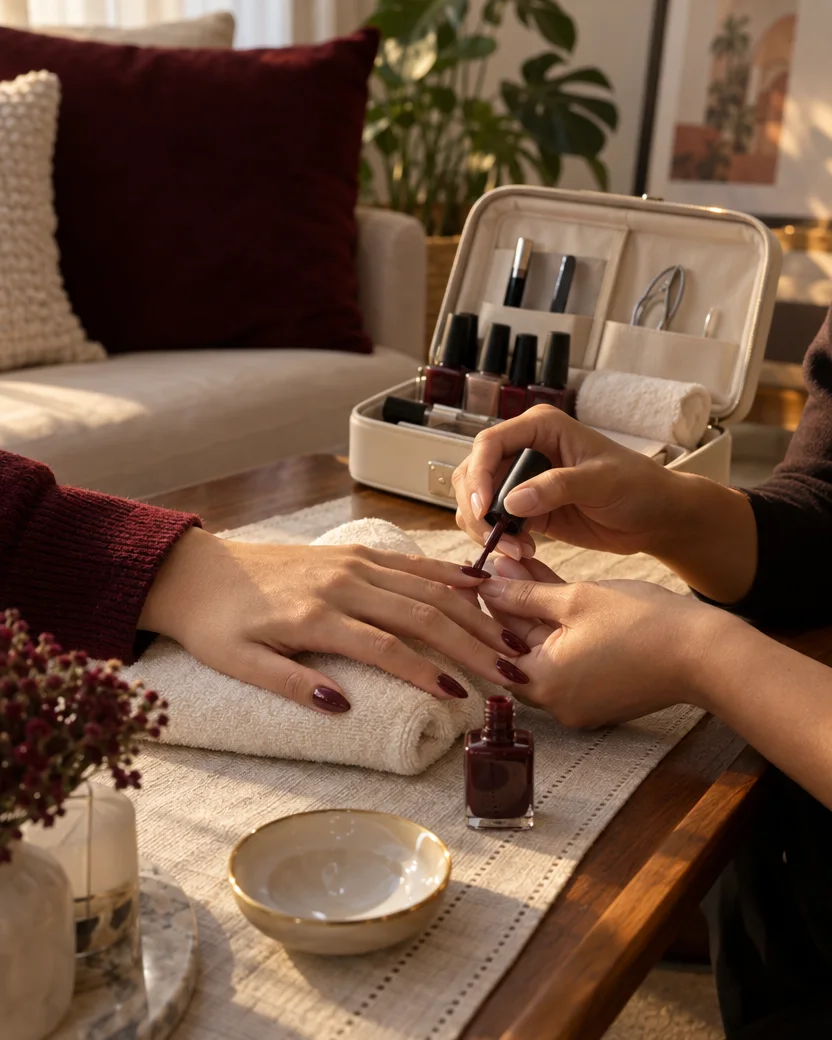 Manicure a domicilio: manos pintando uñas vinotinto en la mesa de una sala acogedora